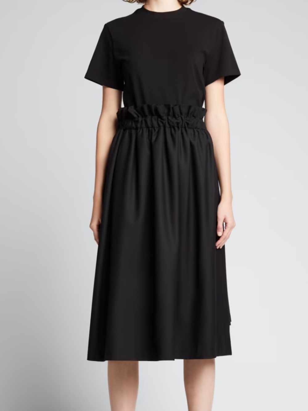 English factory black mixed media cotton drop waist midi dress w pockets sz m